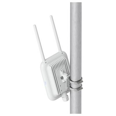 'Outdoor wireless access point with dual antennas mounted on a vertical pole, designed for extended Wi-Fi coverage in open areas.'