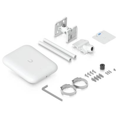 'Wireless access point kit with router, mounting brackets, screws, and installation tools.'