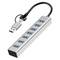 Silver 7-port USB 3.0 hub with attached USB cable and connectors, shown on a white background.