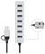 Silver 7-port USB hub with one cable plugged in and a close-up inset showing two USB-A ports and a USB-C/power port.