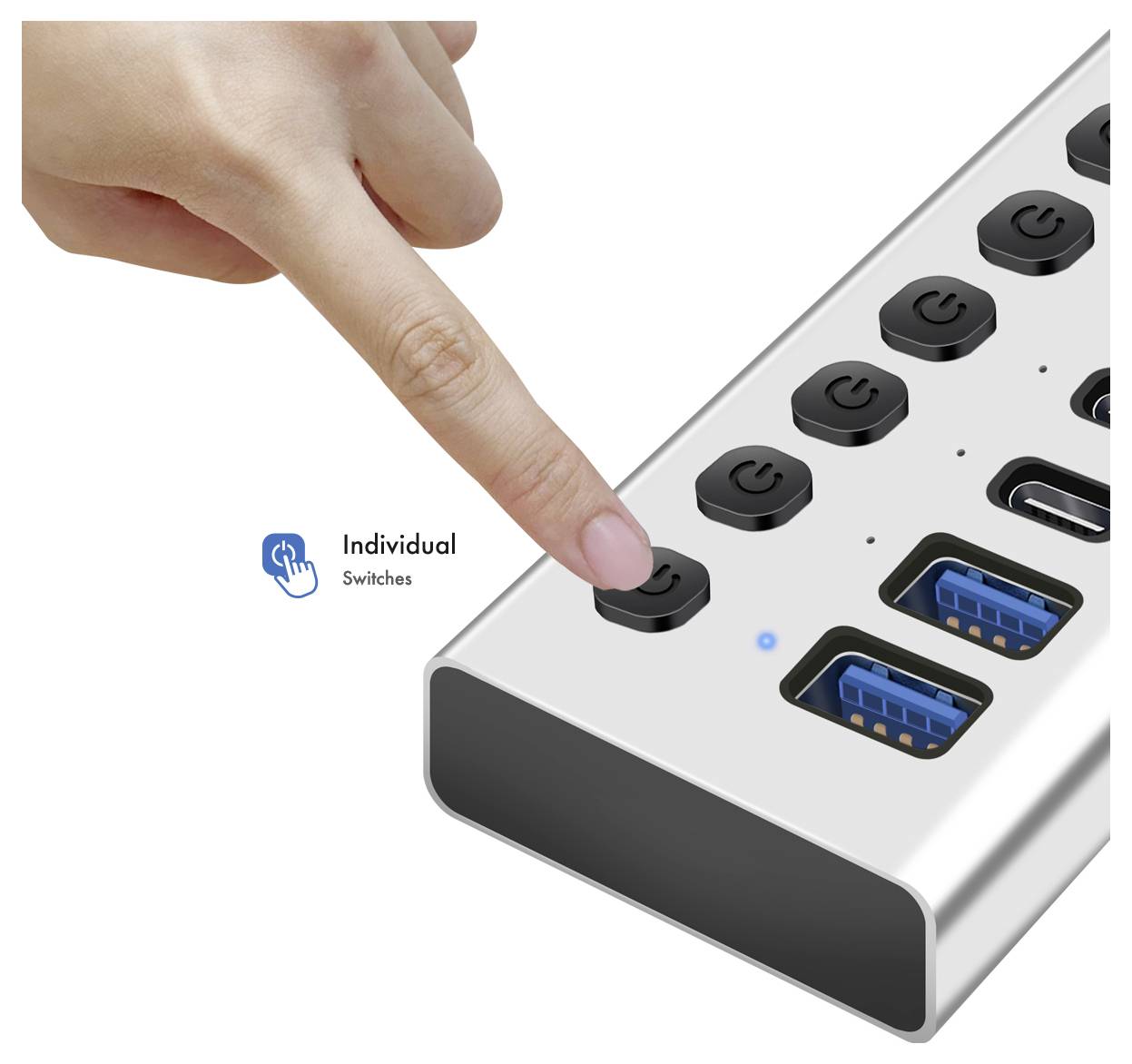Finger pressing an individual power switch on a USB hub with multiple buttons and ports.