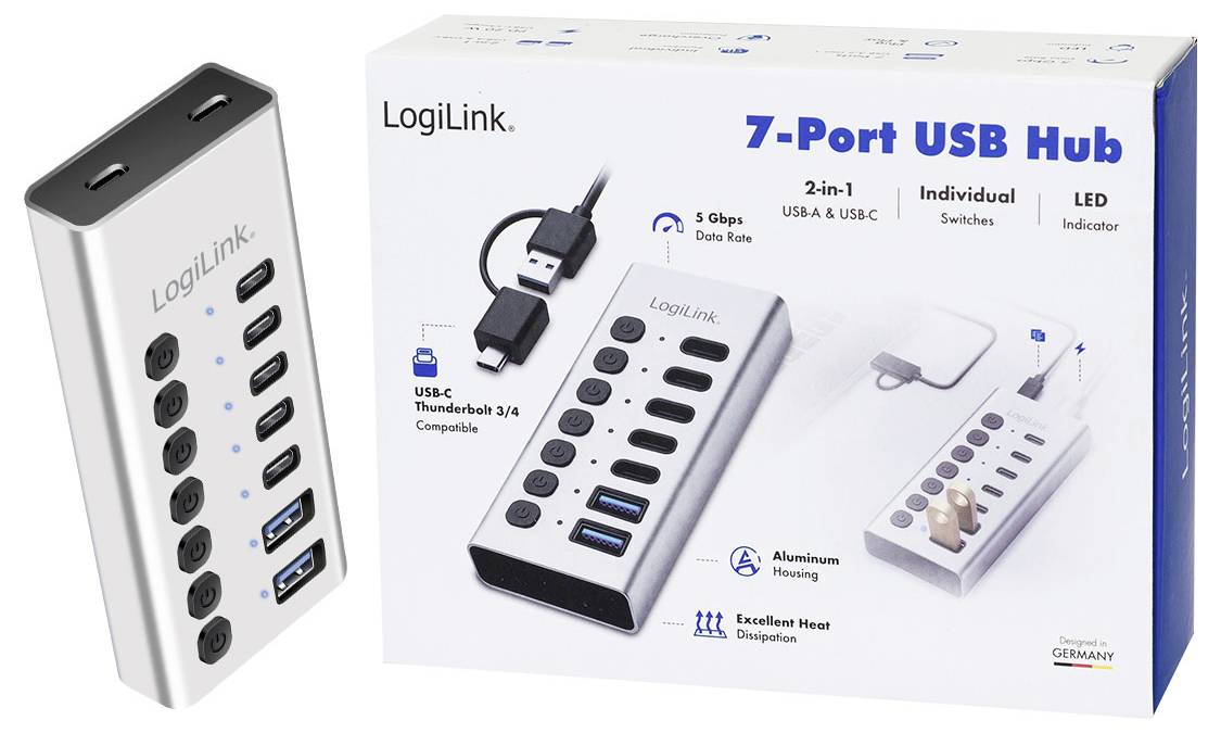 LogiLink 7-port USB hub shown in silver aluminum with USB-C/USB-A and individual switches, alongside its product box.<br>