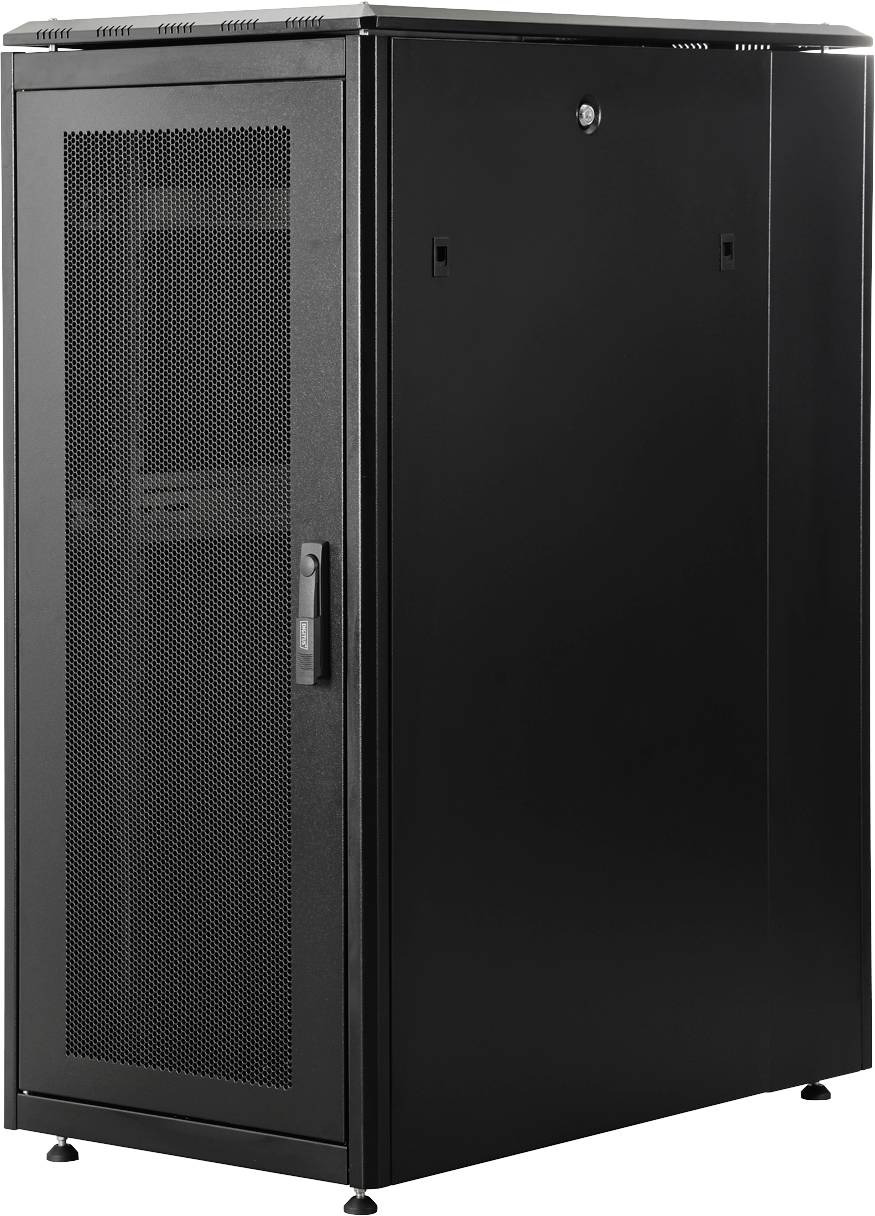A black server rack cabinet with a perforated front door, used for housing and organizing network equipment and servers.