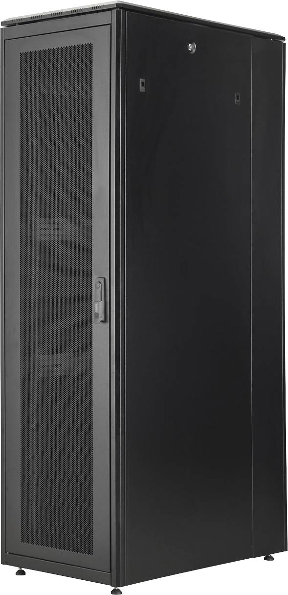 A tall, black server rack cabinet with a mesh front door, standing upright, used for housing and organizing network equipment and servers.