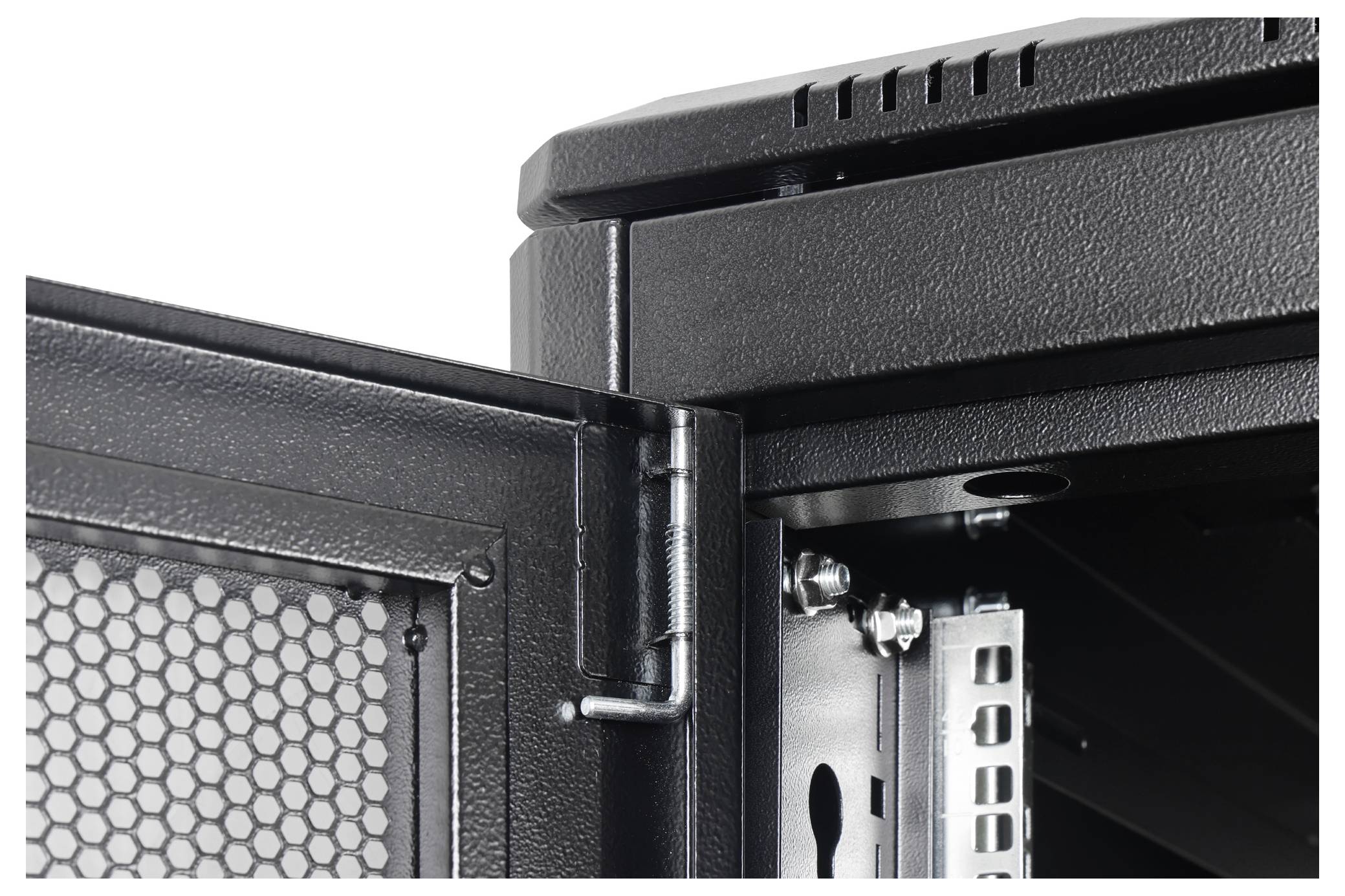 The image shows a close-up of the hinge and edge of an open server rack door with a perforated design for ventilation.