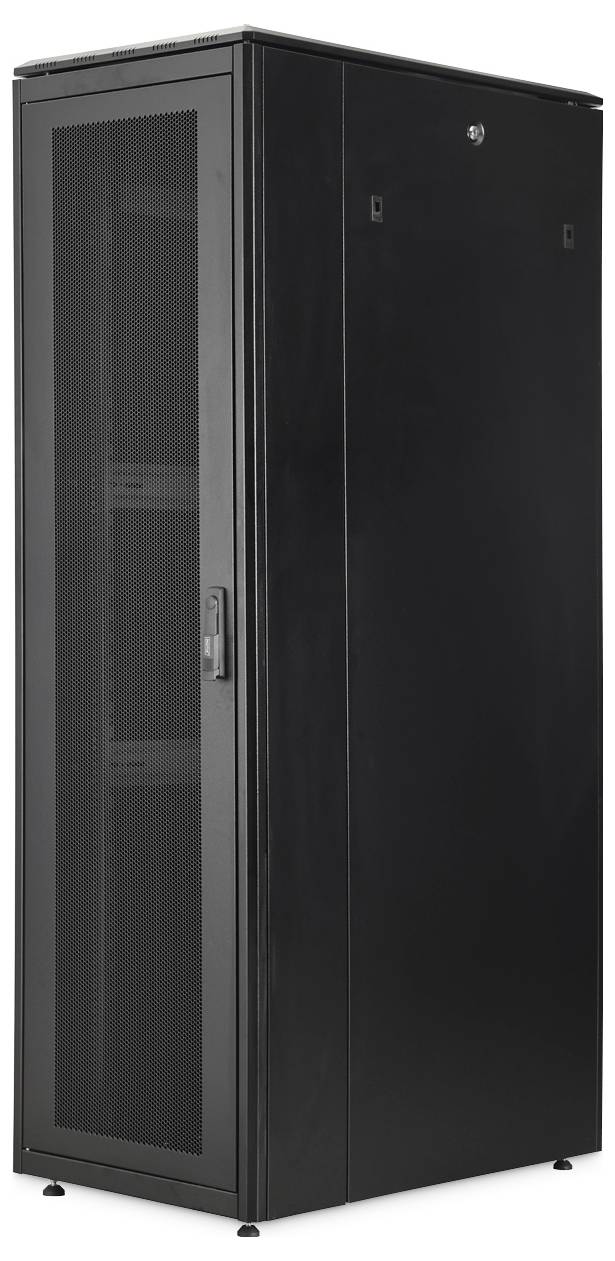 A black server rack with a mesh door stands upright, designed for housing IT equipment and cables, featuring a secure lock system.
