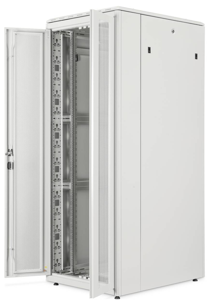 'An open, gray server rack cabinet showing interior shelves for equipment installation.'