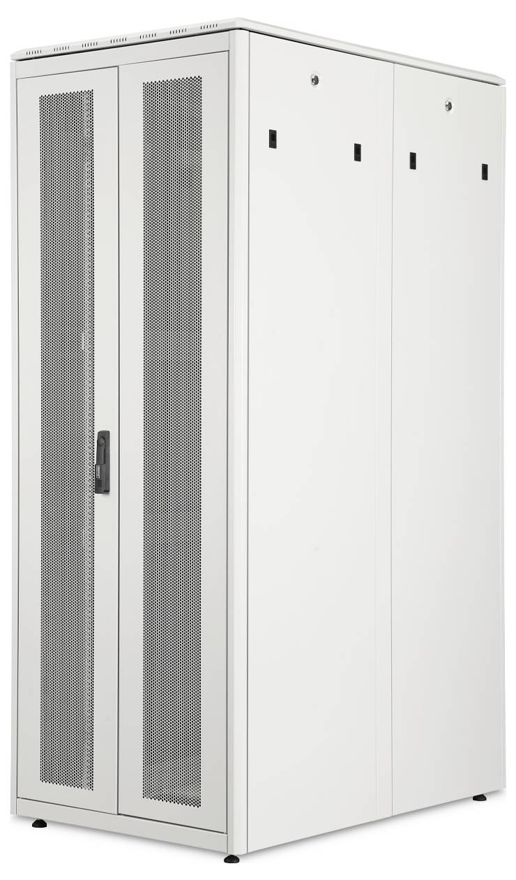 'Tall white server rack with mesh front doors and a black handle, designed for housing and organizing electronic equipment.'