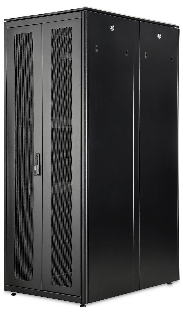 A black server rack with a mesh front door, standing upright. The rack is empty and has several latching points for securing equipment.