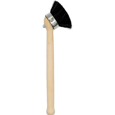 A wooden-handled drum brush with metal ferrule and black bristles, used for light percussion effects on drums.