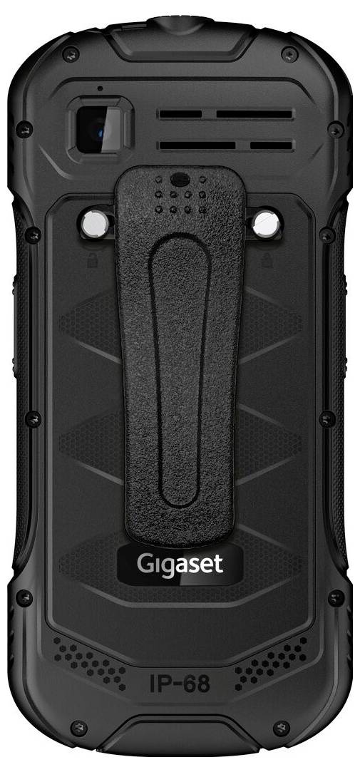 'A rugged smartphone with a textured black design, featuring a sturdy back cover and the brand name Gigaset.'
