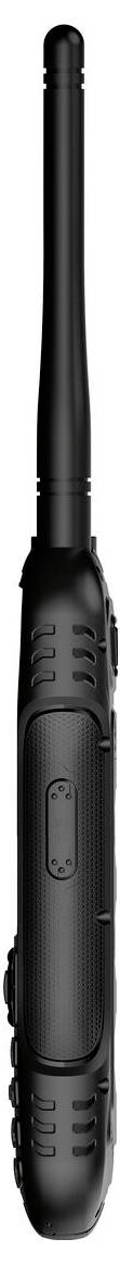 A slim, black two-way radio with an extended antenna, showing side buttons and a rugged texture, designed for clear communication.