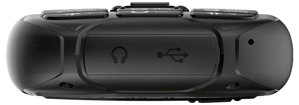 A black electronic device showcasing a headphone and USB symbol on a central panel, likely indicating audio and charging ports.