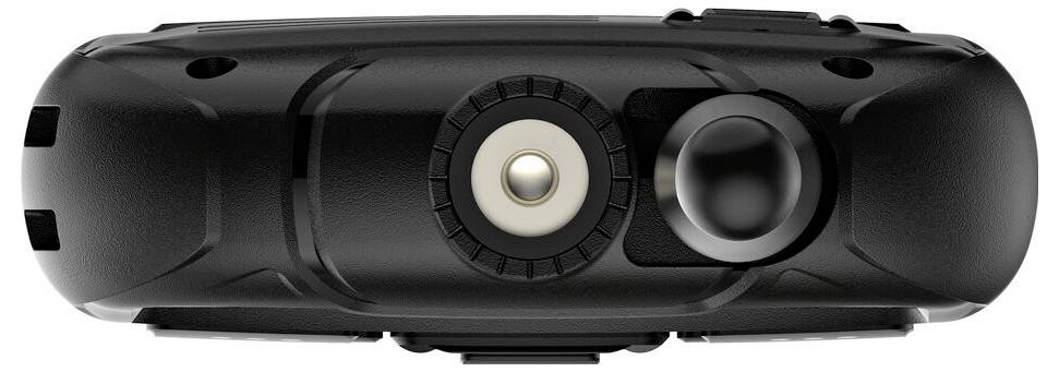 The image shows a top view of a black camera with a central lens and a small joystick on the right side, indicating a compact design.