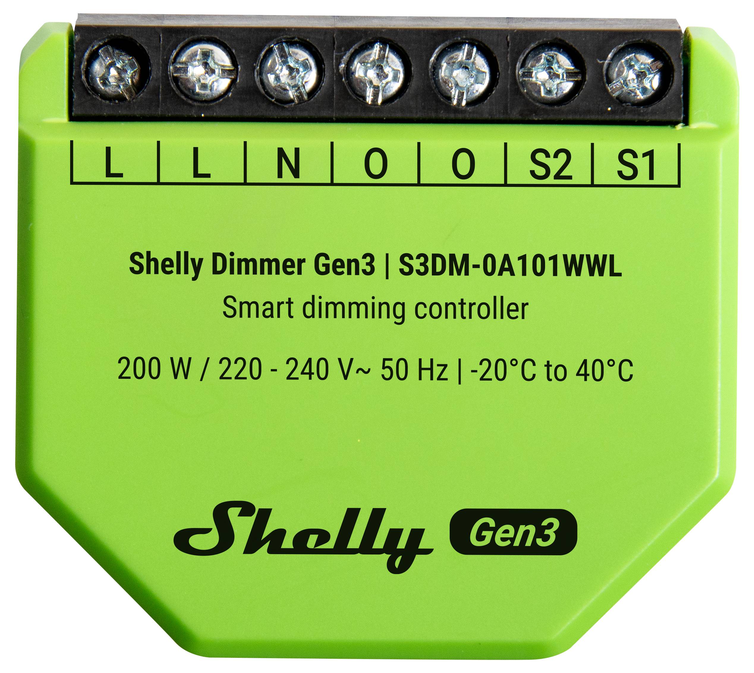 'Green smart dimming controller labeled Shelly Dimmer Gen3, model S3DM-0A101WWL. Input: 200W, 220-240V, 50Hz. Temp: -20°C to 40°C.'