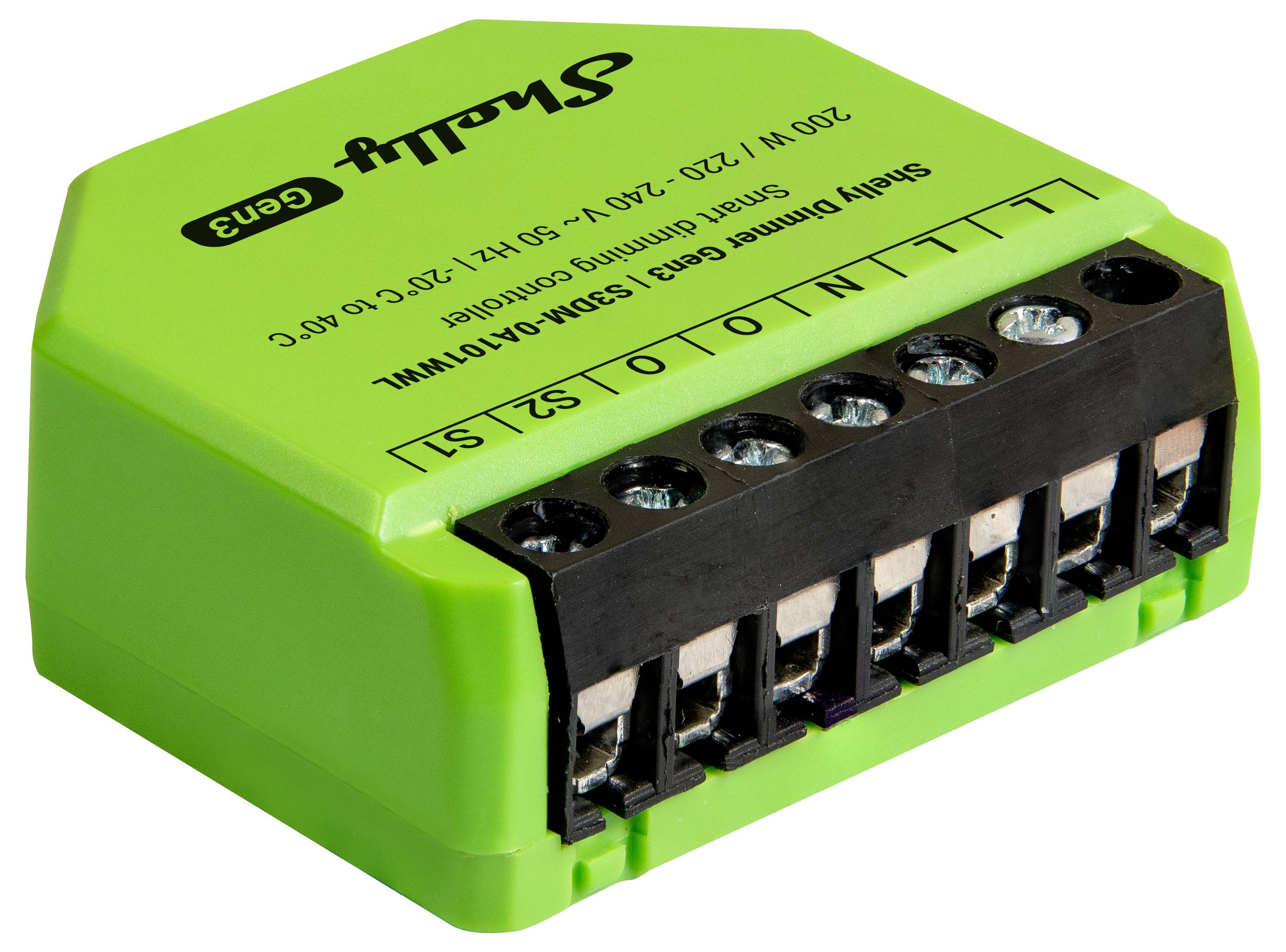 A small, green Shelly Gen3 electrical device with multiple connection terminals, used for smart home automation.