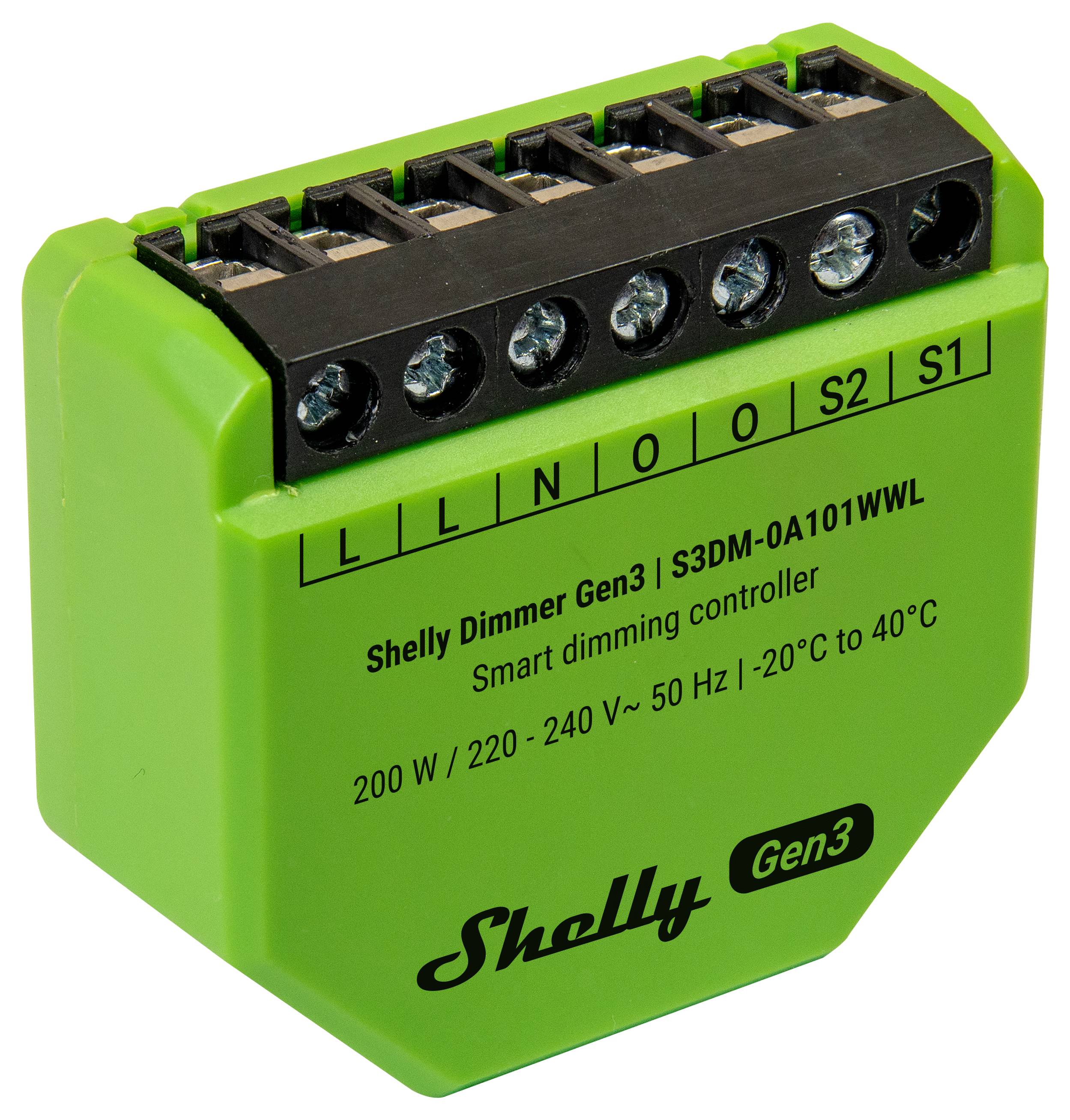 'Shelly Dimmer Gen3, smart dimming controller, 200W/220-240V~50Hz, -20°C to 40°C, green casing with connection terminals.'