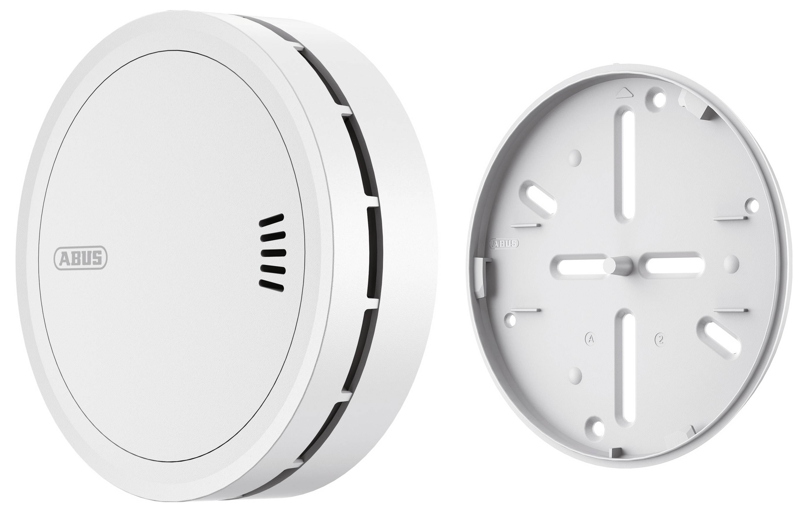 'Image of a white circular smoke detector and its separate mounting bracket. The detector has a simple design with small vents.'