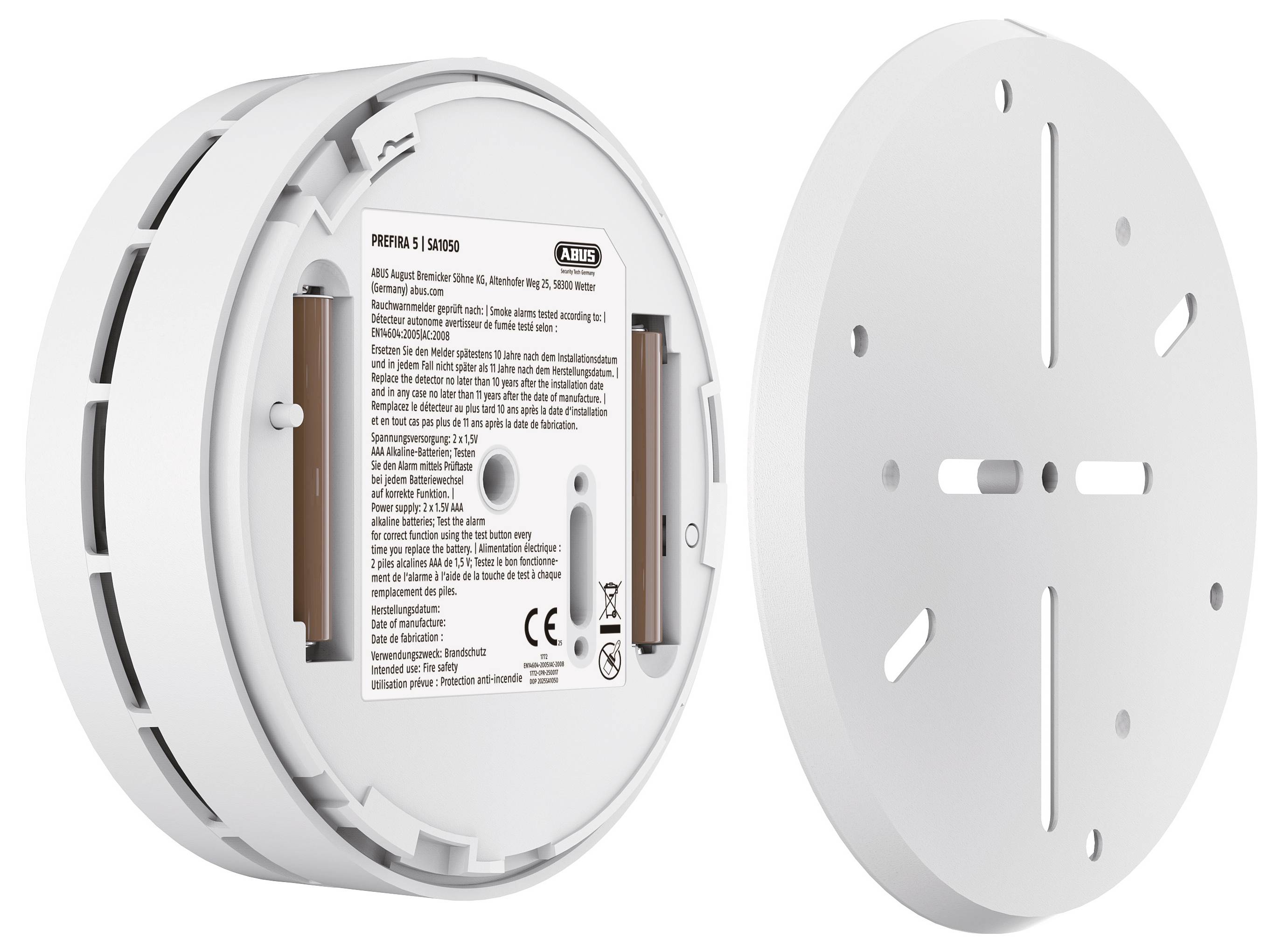 'ABUS smoke alarm Sirenco in white, showing front and side views; circular with slots for mounting and battery compartments visible.'