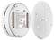 'ABUS smoke alarm Sirenco in white, showing front and side views; circular with slots for mounting and battery compartments visible.'