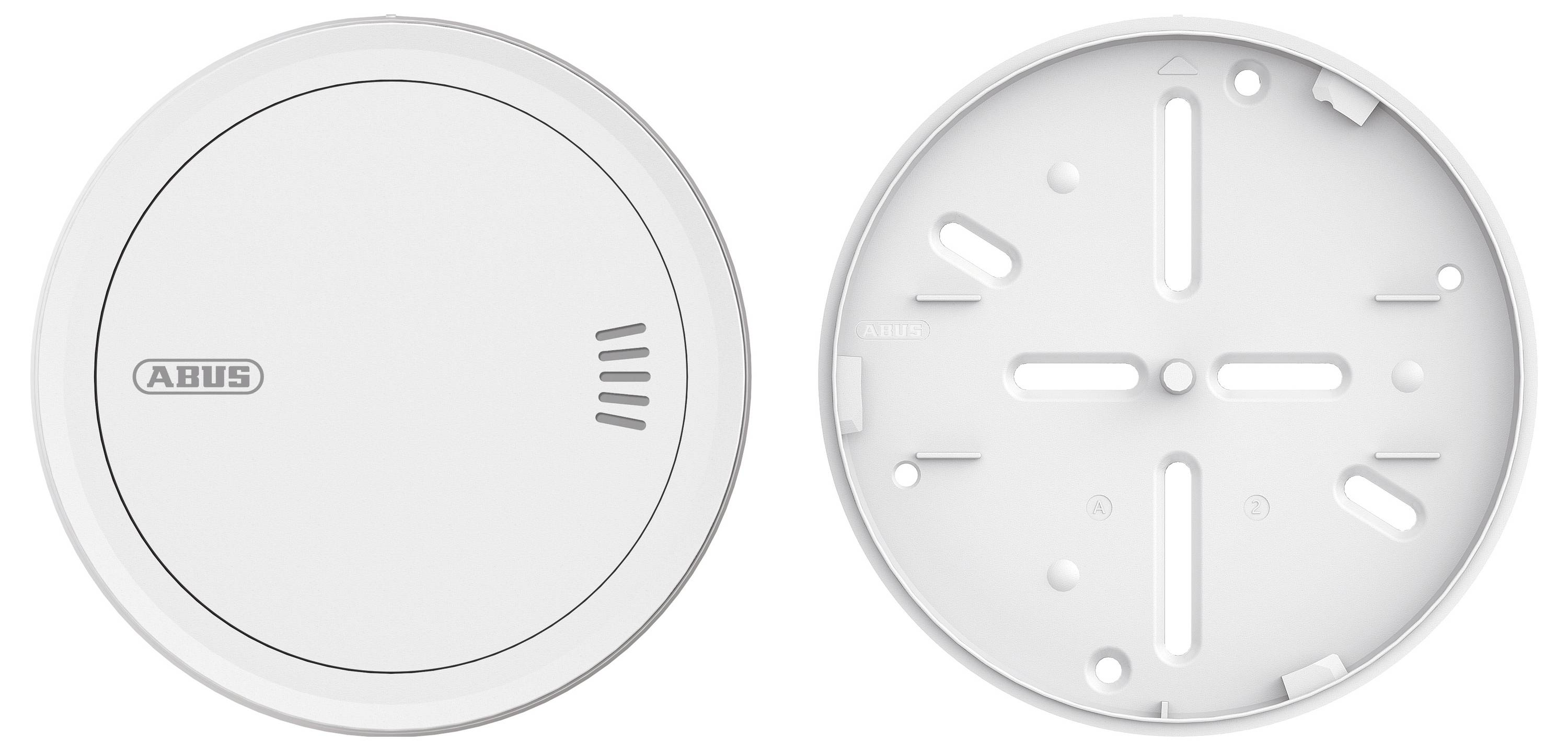 'Smoke detector with mounting bracket. White circular design, labeled 'ABUS', includes vent grills. Bracket has multiple slots for installation.'