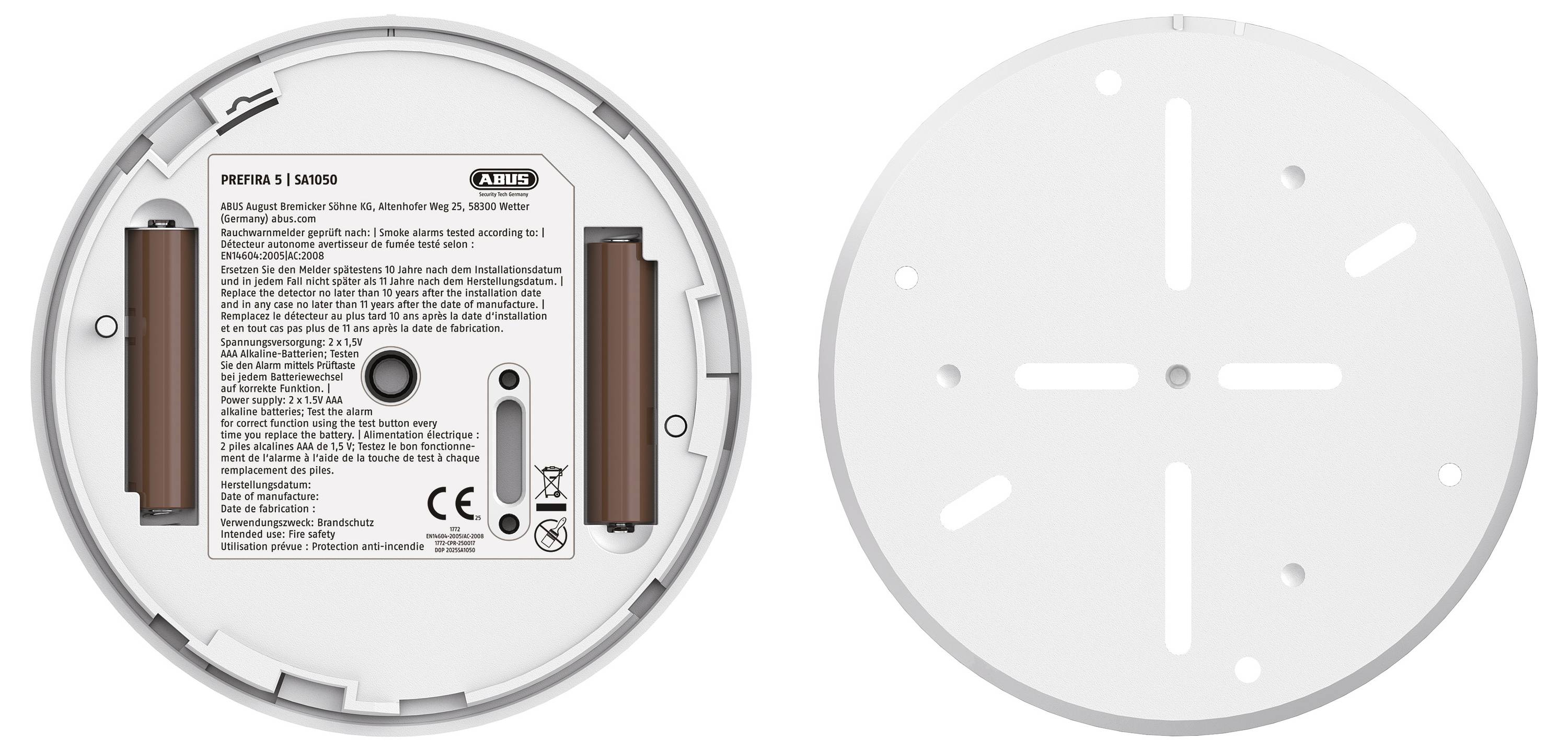 'Image of the underside of a smoke detector showing battery compartments, informational labels, and mounting bracket.'