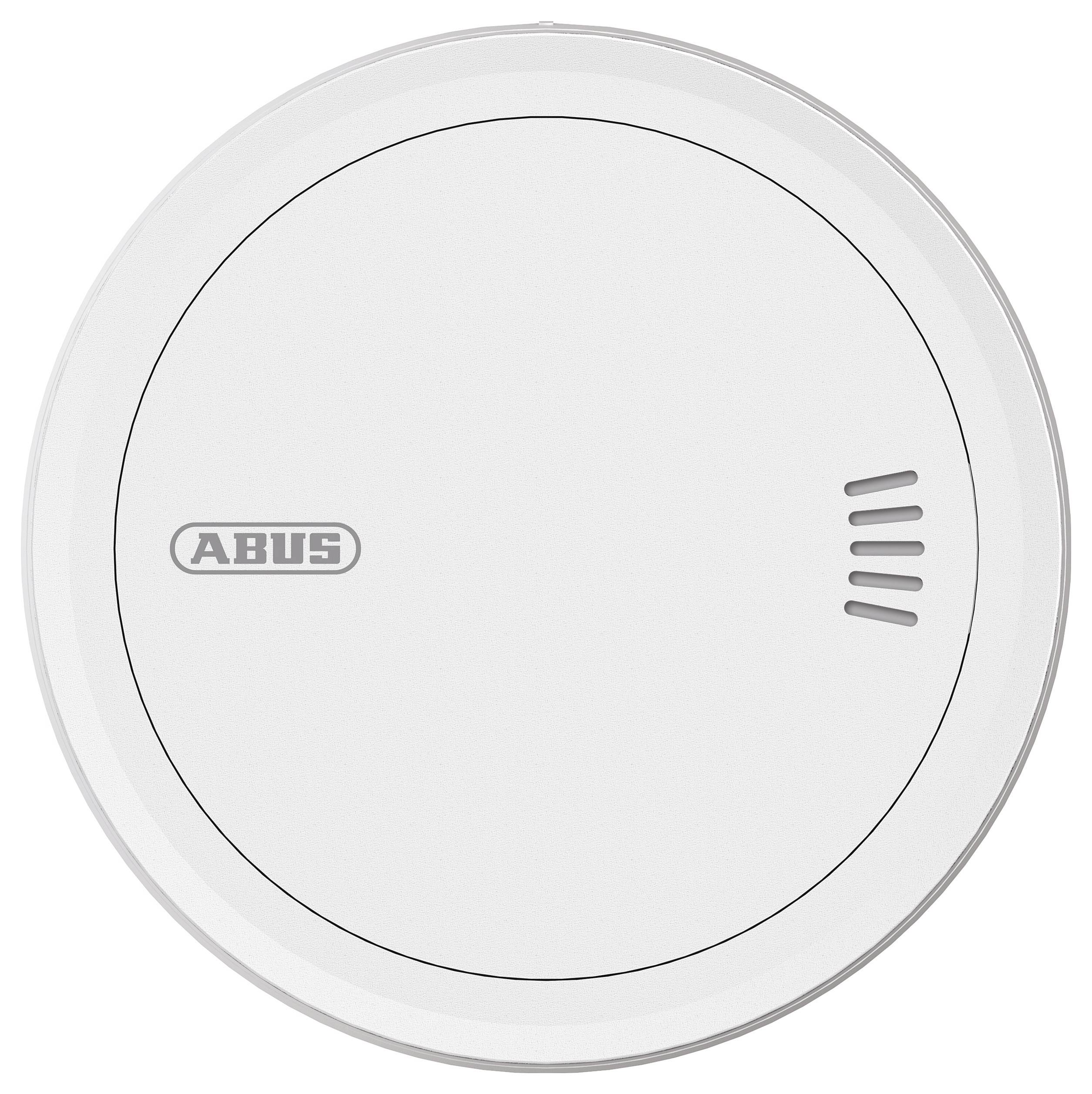 'ABUS' branded white smoke detector with a circular design, featuring a small grill on one side.