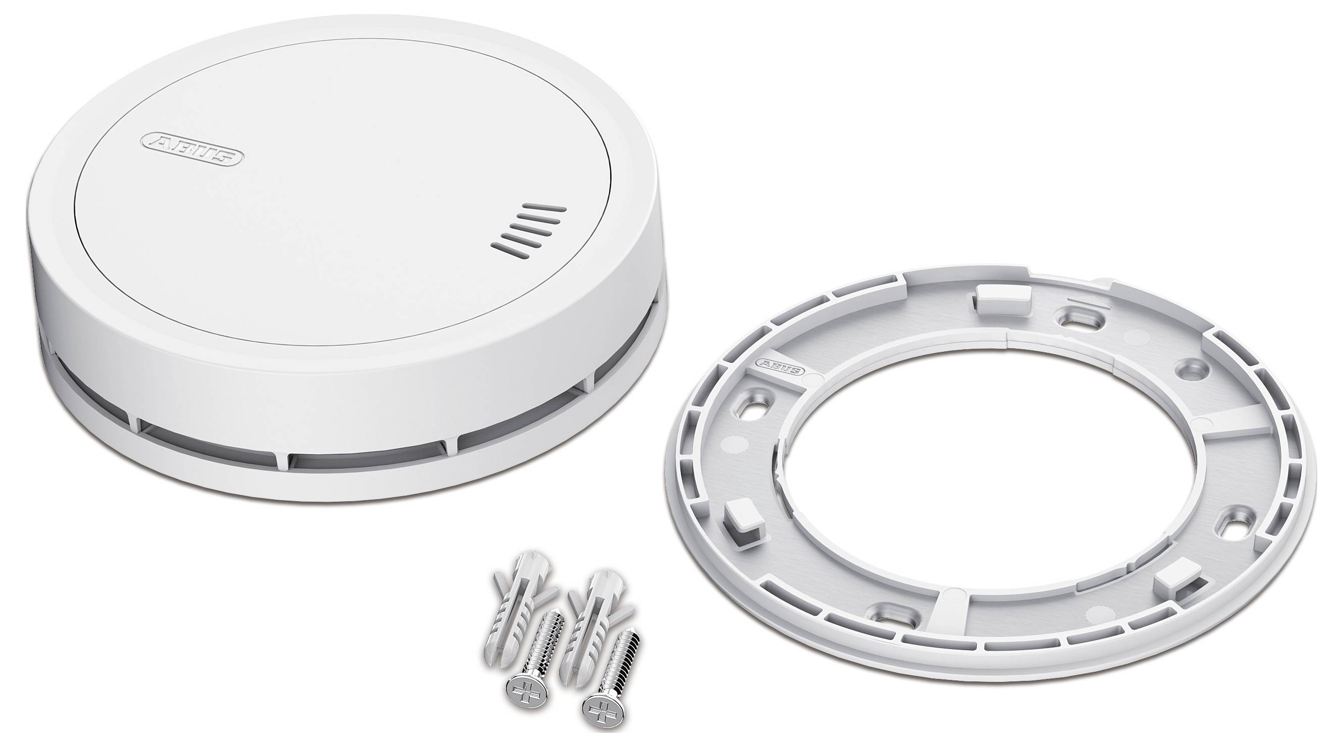 Smoke detector with a round base and ventilation slits on top, accompanied by a mounting bracket and three screws for installation.