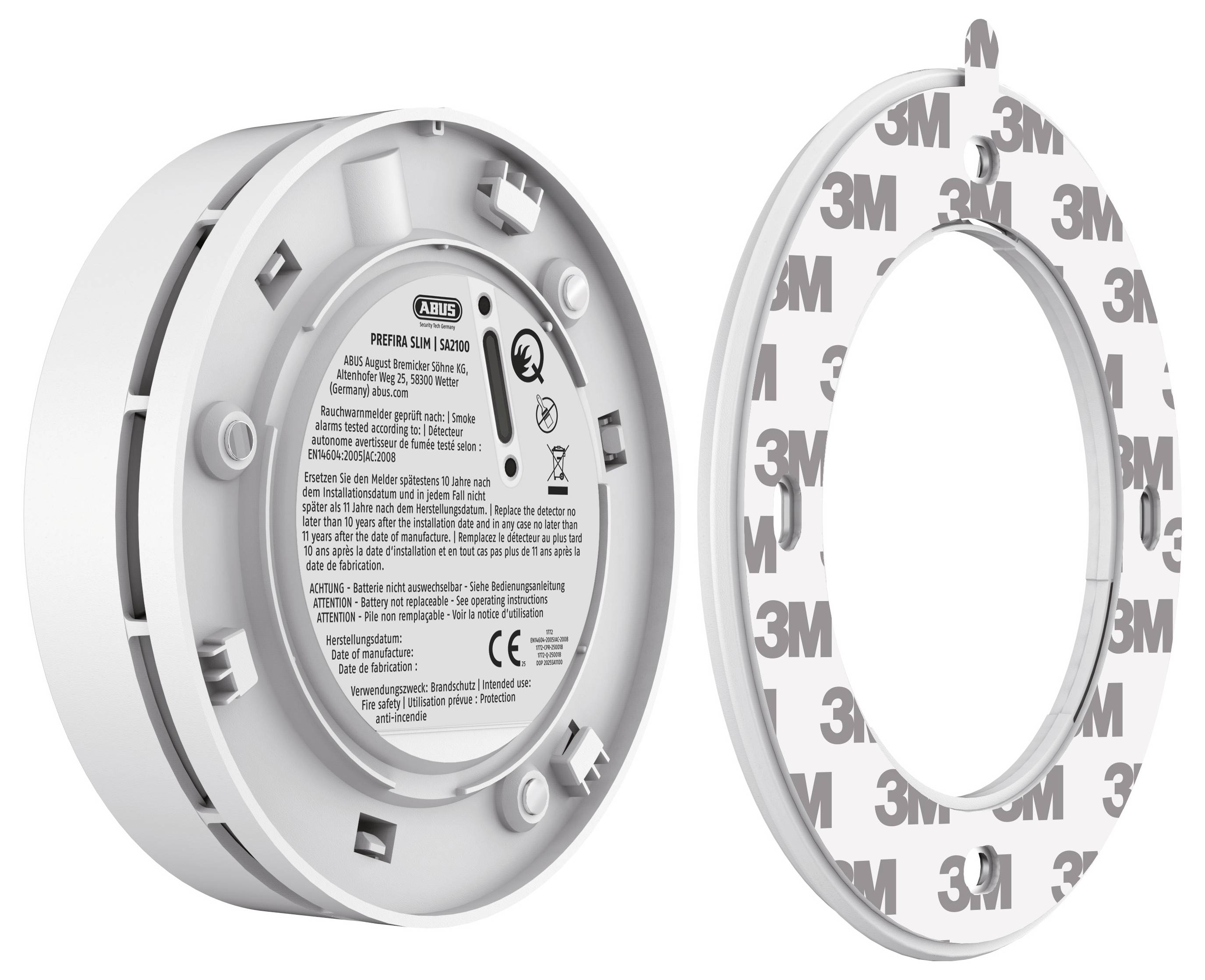 'ABUS Detecto 5000 RS1' white security device, rear view, showing mounting interface next to a 3M adhesive mounting pad.