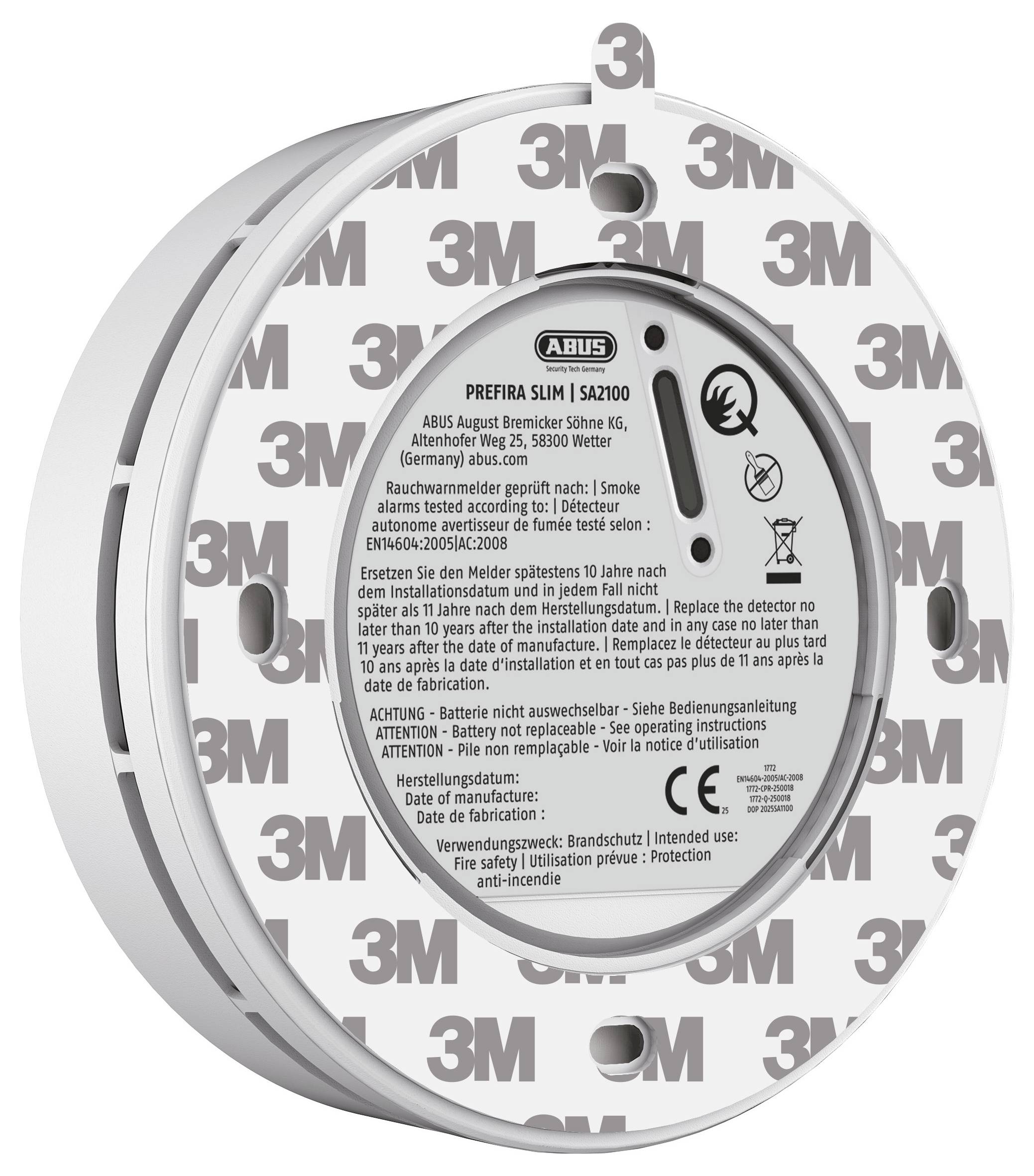 Circular smoke detector base with German safety instructions and warning labels. Designed for ceiling mounting with 3M adhesive backing.