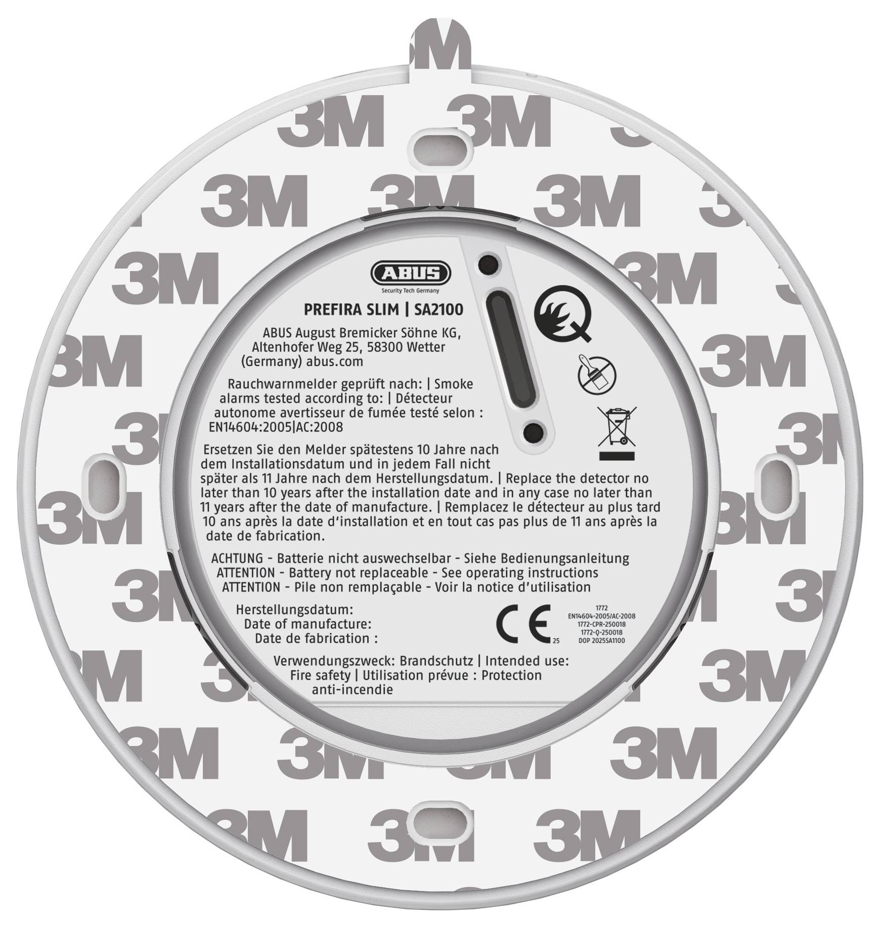 Round smoke detector with brand label and installation instructions. The backing is adhesive with '3M' logos.