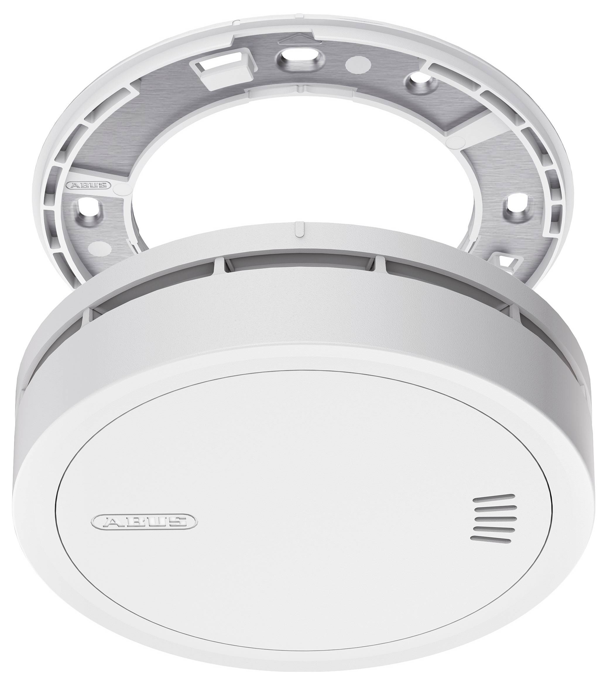 A round, white smoke detector with a mounting bracket attached. It has a small grille for sound emission and is positioned against a white background.