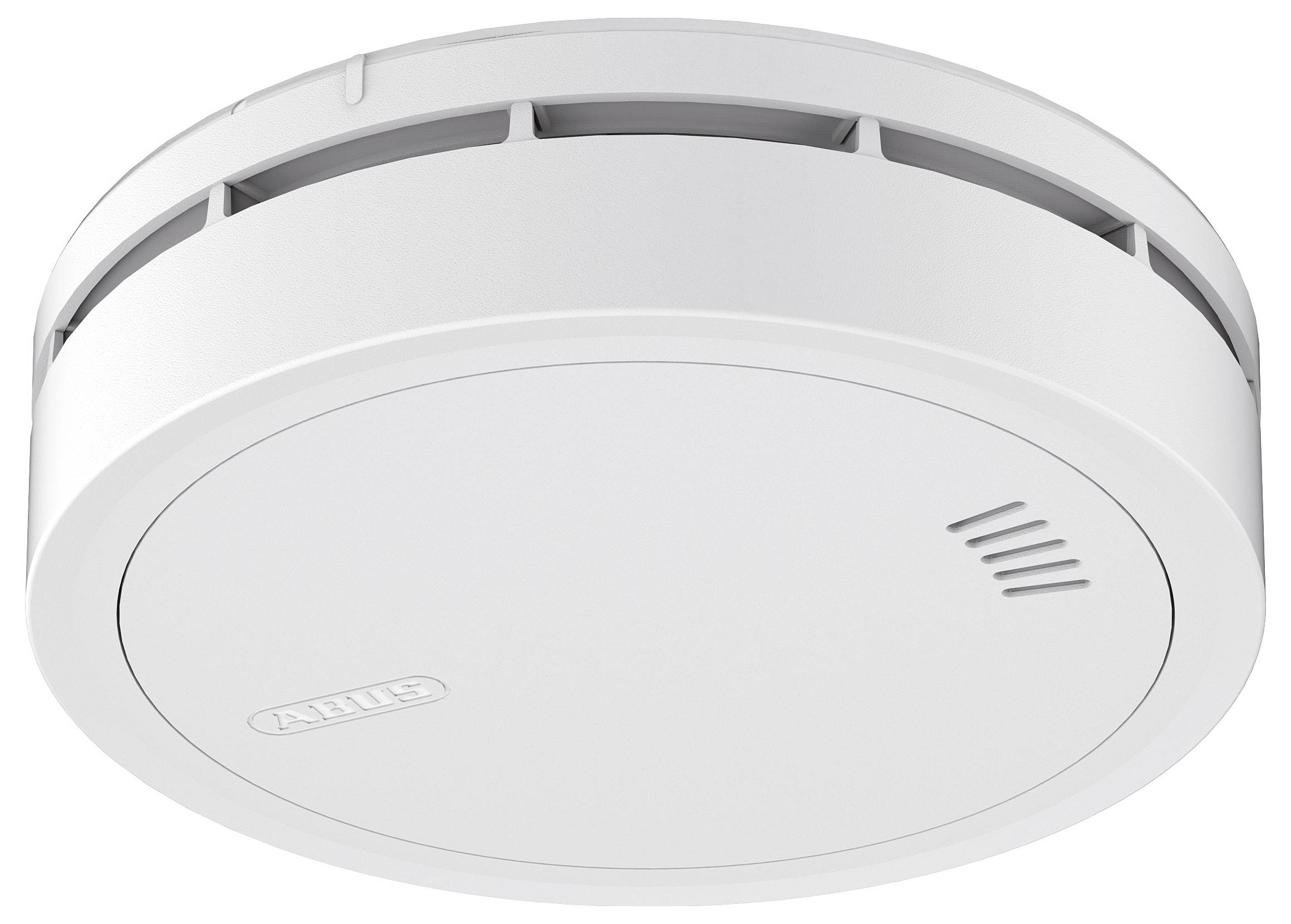 A round, white smoke detector mounted on a ceiling. The device has vent-like slits on the top and is used for detecting smoke in the area.