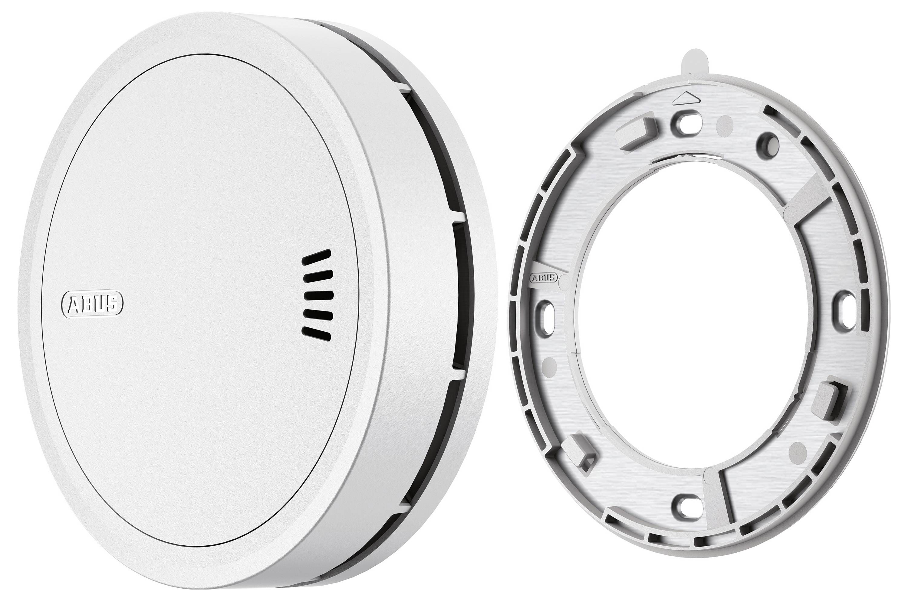 A white circular smoke detector with a base mounting bracket shown separately beside it, illustrating how it fits for installation.