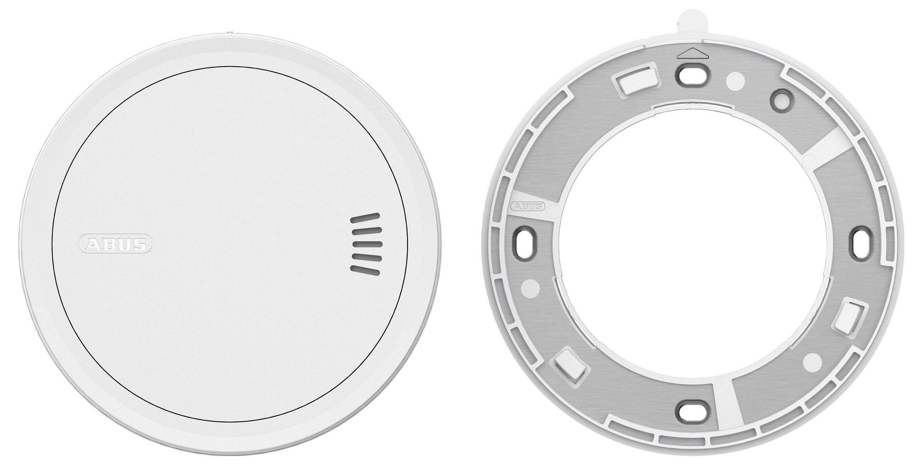 'Two round white smoke detectors; the left is fully assembled, the right shows the mounting base with connection points.'