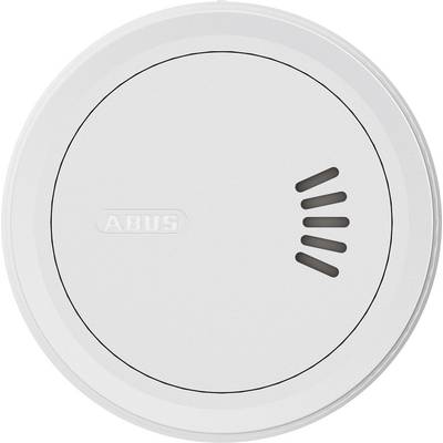 A round, white smoke detector with a minimal design, featuring a small vent pattern on the right side.