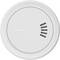 A round, white smoke detector with a minimal design, featuring a small vent pattern on the right side.