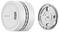 'ABUS' labeled white smoke detector, cylindrical with slotted vents on sides. Separate circular mounting base shown next to it.
