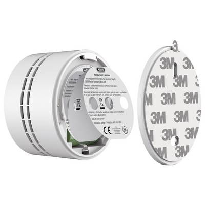 A smoke detector with an open back cover showing a 3M adhesive pad for mounting.