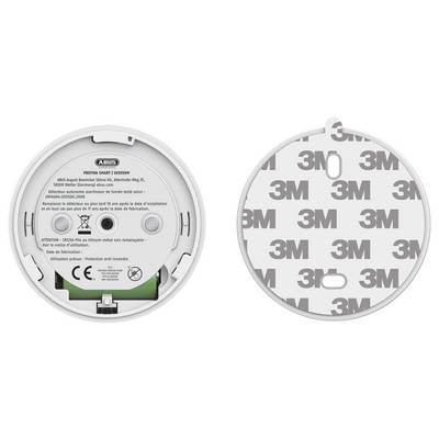 'Backside of a smoke detector with ABUS branding on the left, alongside a 3M adhesive pad on the right for easy installation.'