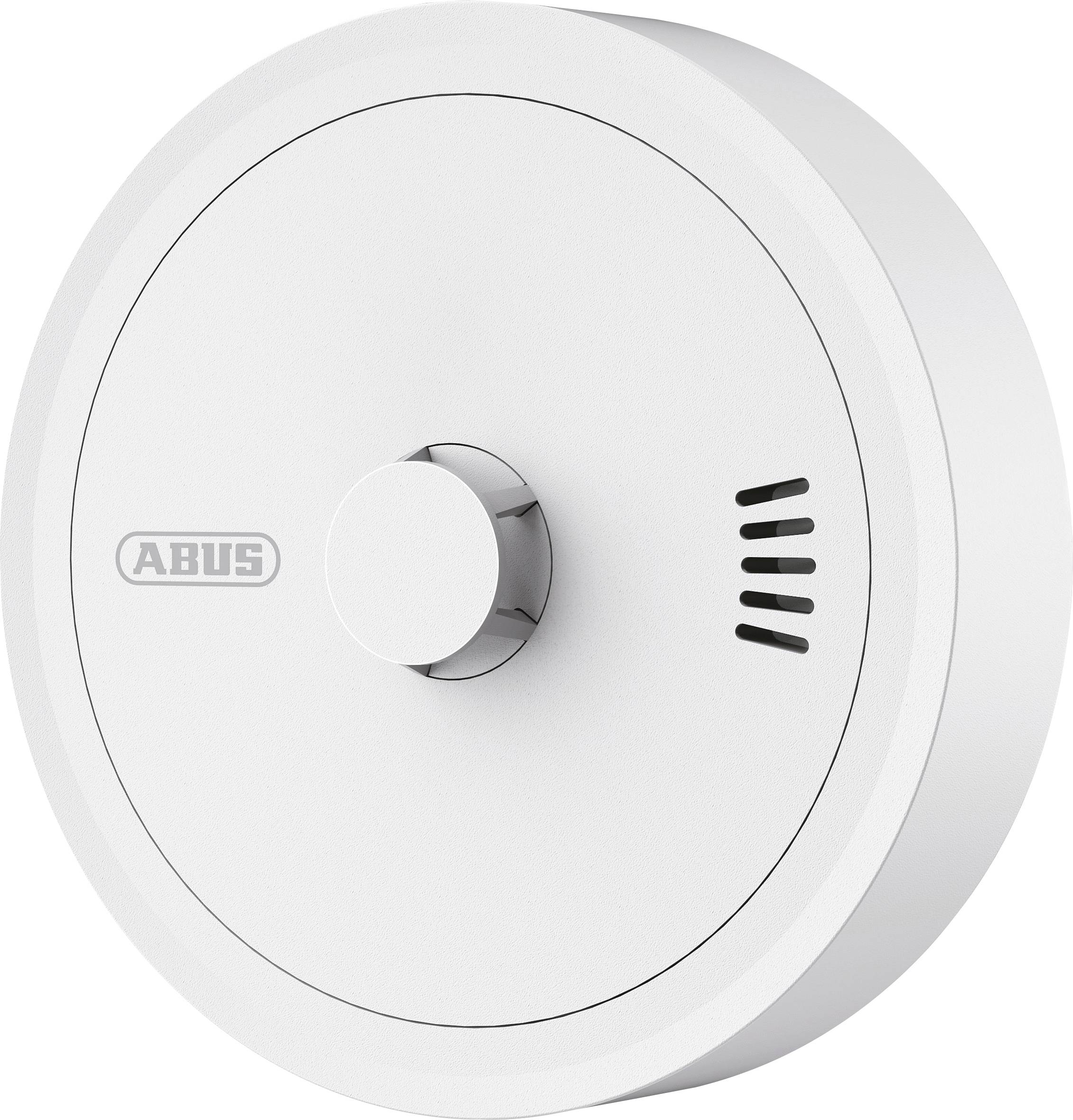 A round, white smoke detector with a central button and ventilation slots on the side, branded 'ABUS.'