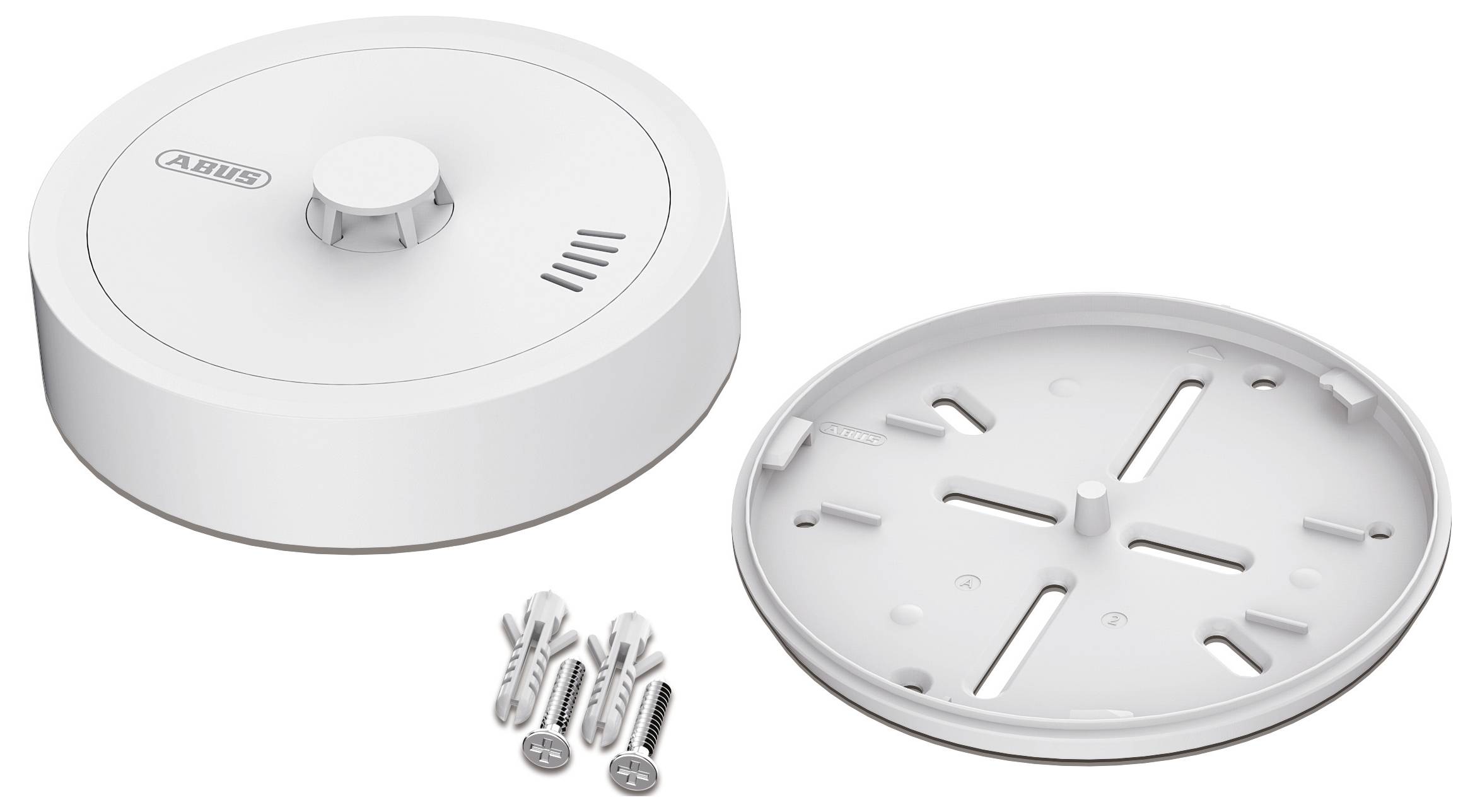 Smoke detector with mounting plate and screws, displayed on a white background, showing the components needed for installation.