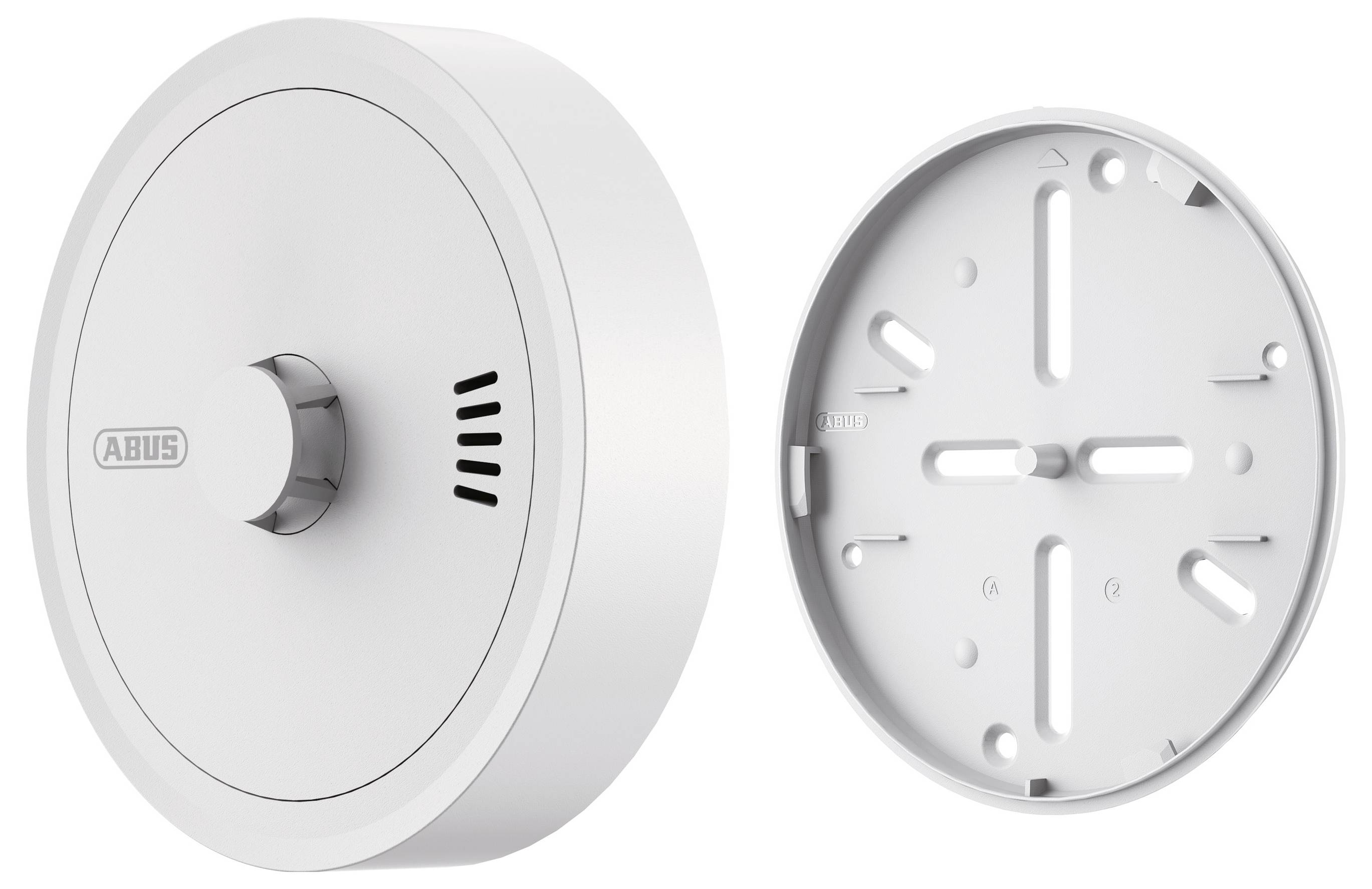 A round smoke detector shown from the side and its mounting bracket on the right. The detector is white with a central button.