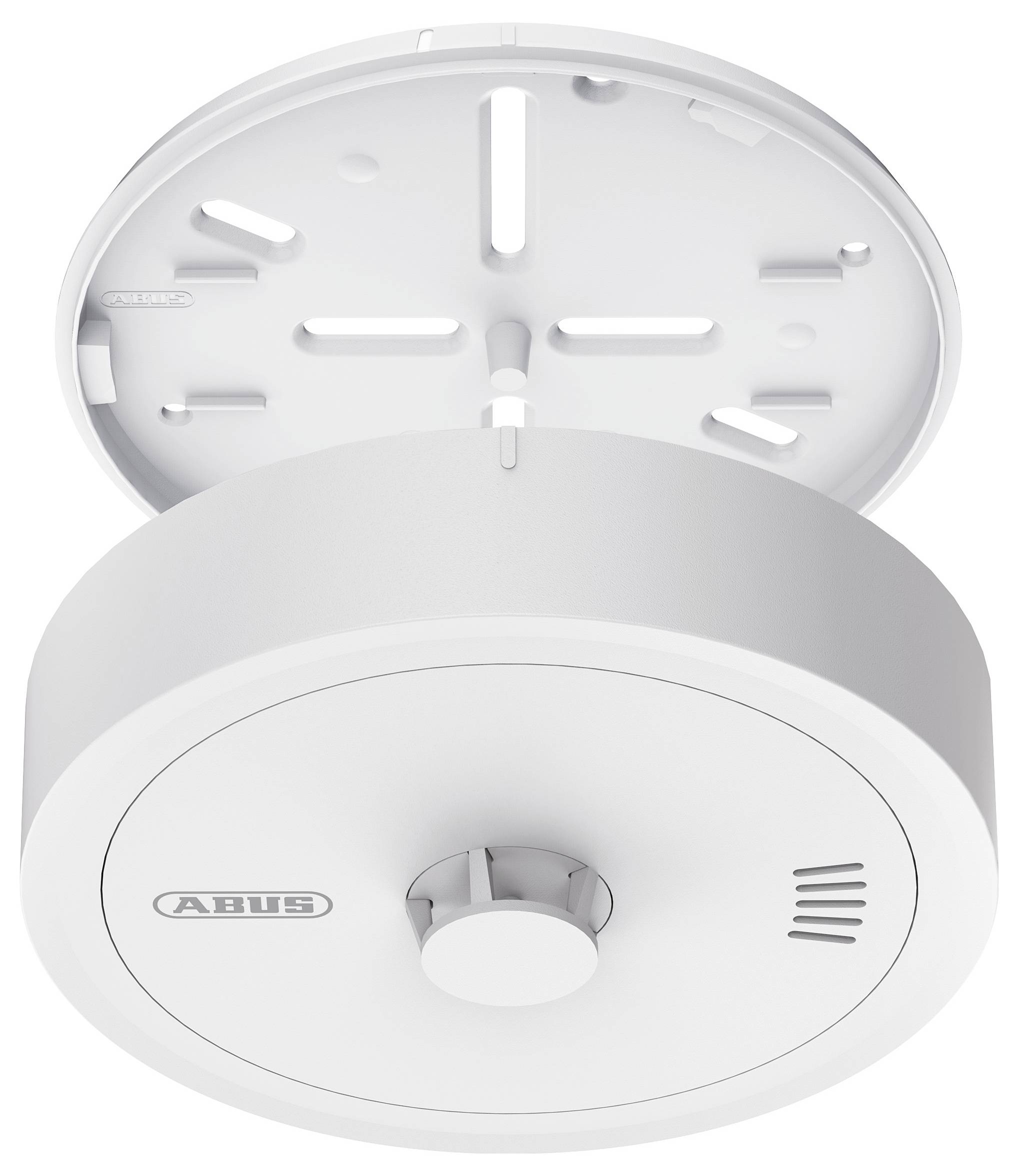 'ABUS' brand smoke detector with a circular design, viewed from below, showing the mounting bracket and cover.