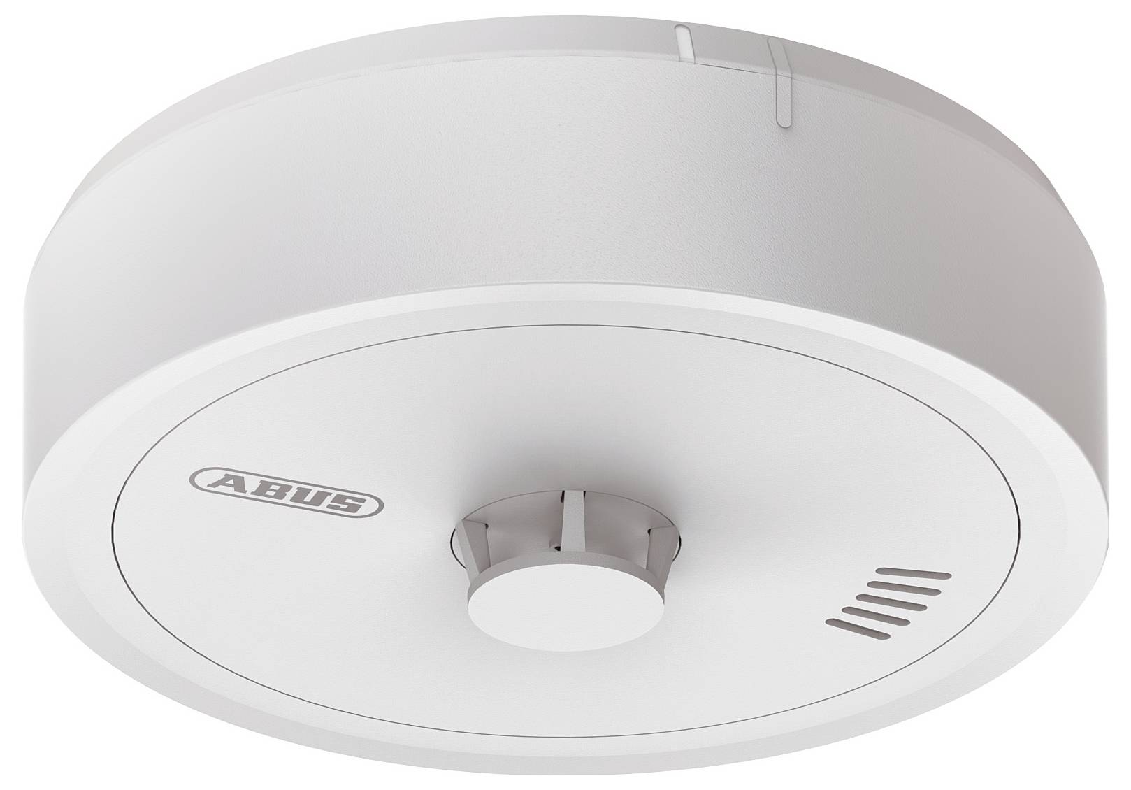 'Ceiling-mounted smoke detector with ventilation slots, circular design, branded with 'ABUS''