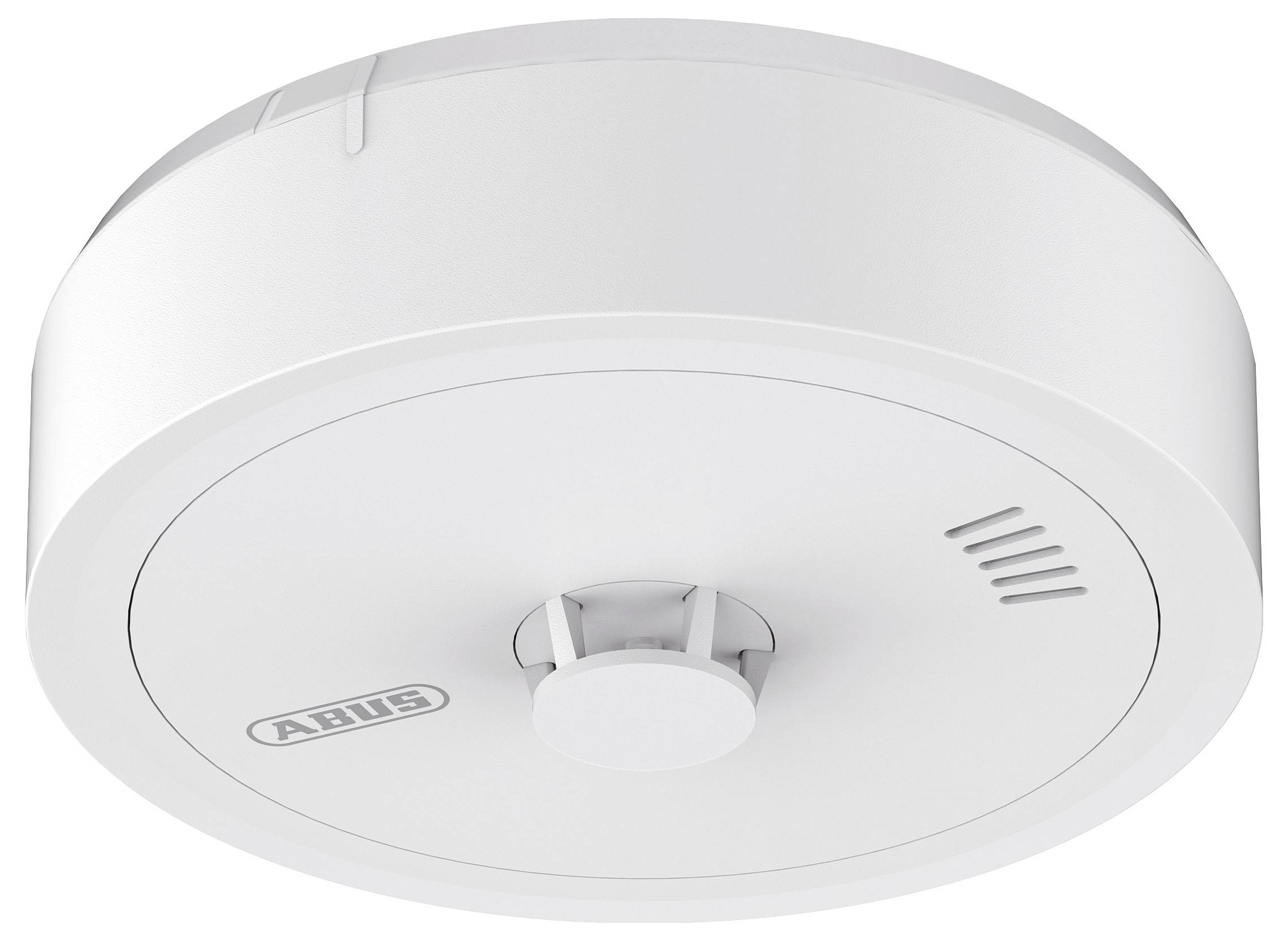 Smoke detector mounted on a ceiling, with a round white casing and a small central sensor.