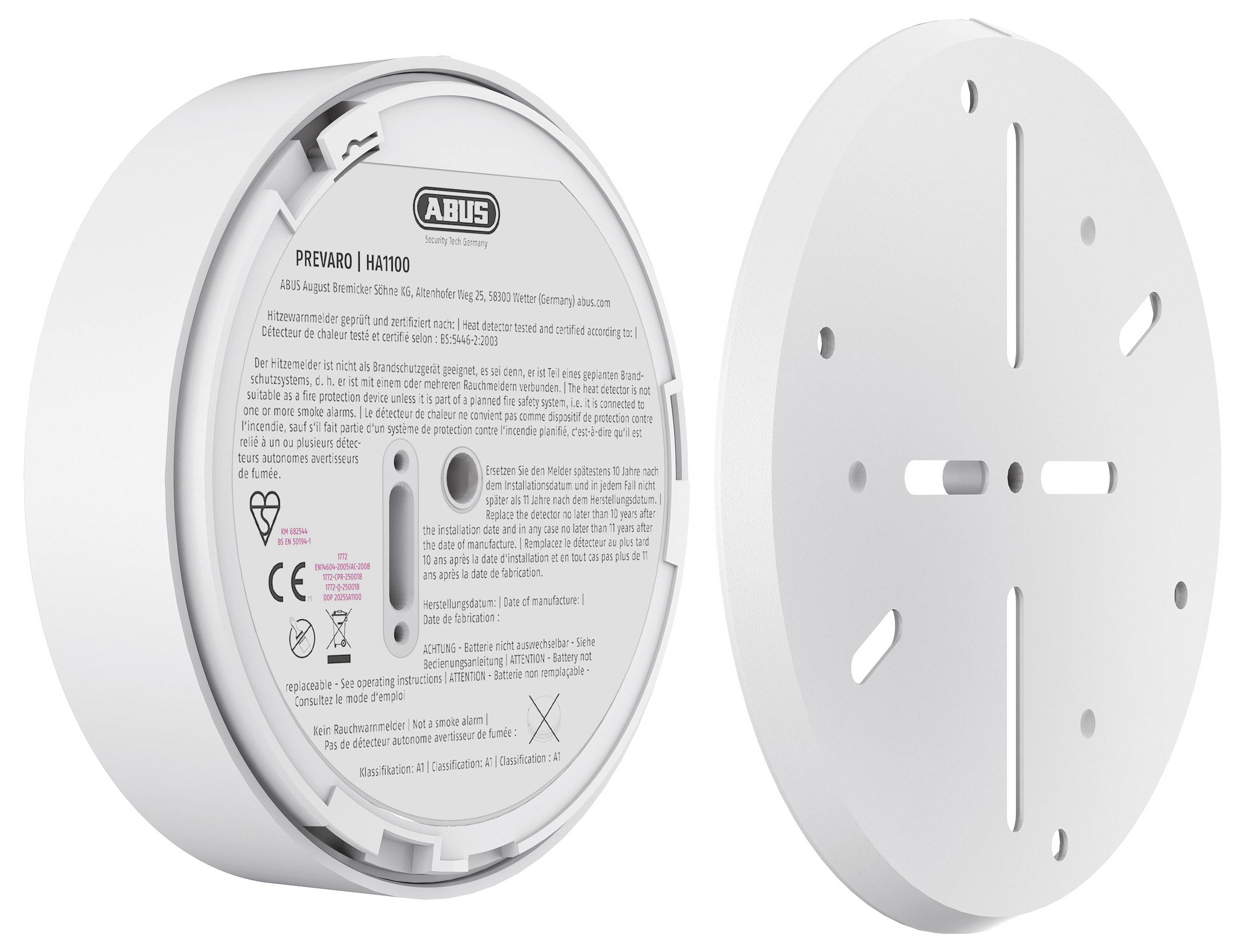 'Two white smoke detectors: one displayed with its back label facing forward, showing brand and model details; the other is a side view.'