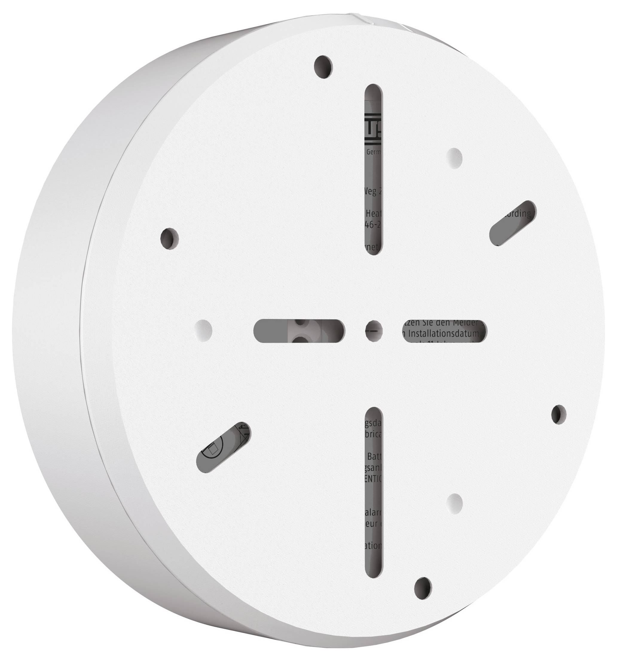 A round, white alarm base with mounting slots and screw holes, designed for attaching smoke or fire detectors to ceilings or walls.