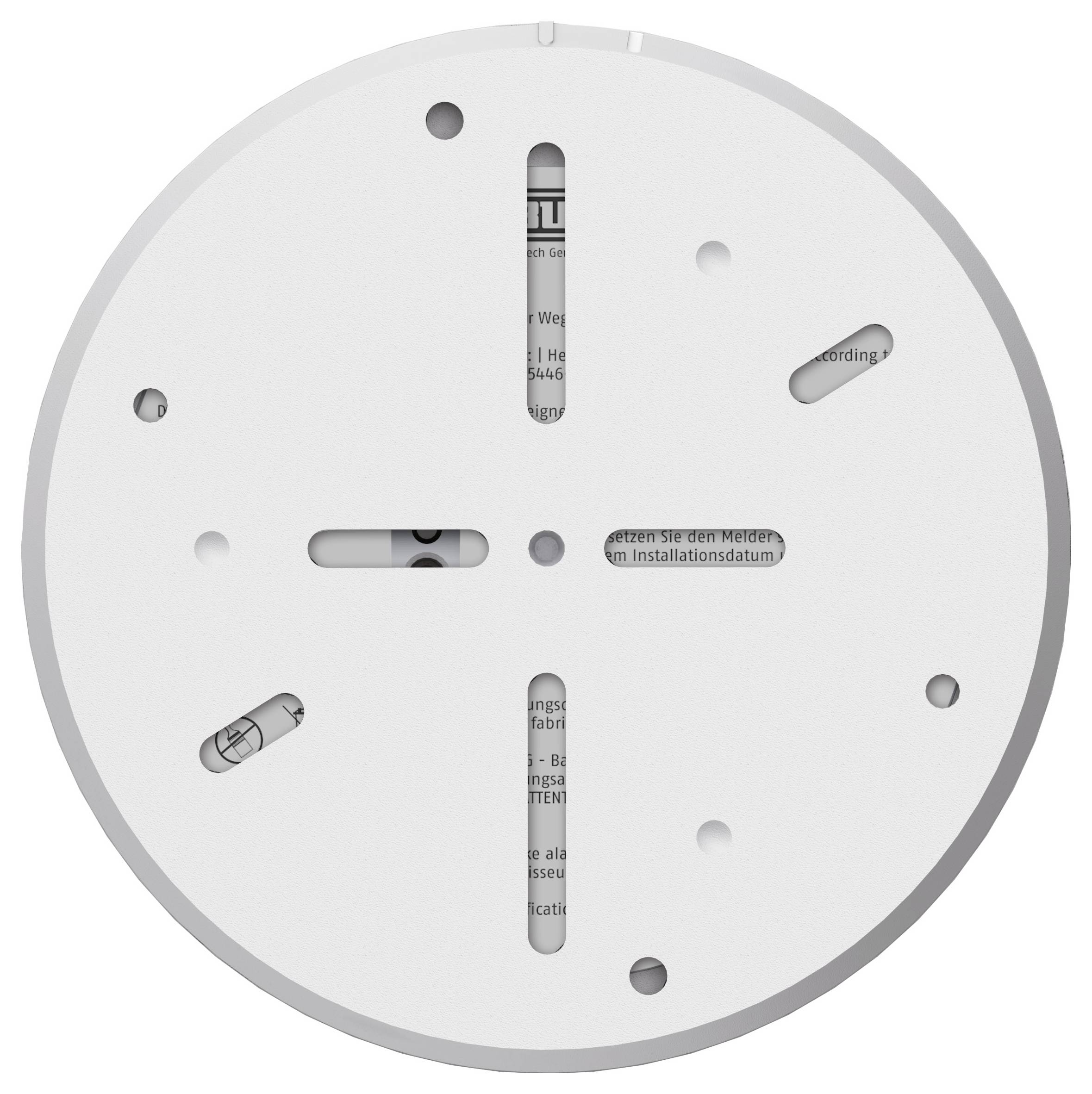 A white circular mounting bracket with multiple slots and holes. It is likely intended for attaching a device like a smoke detector to a ceiling.