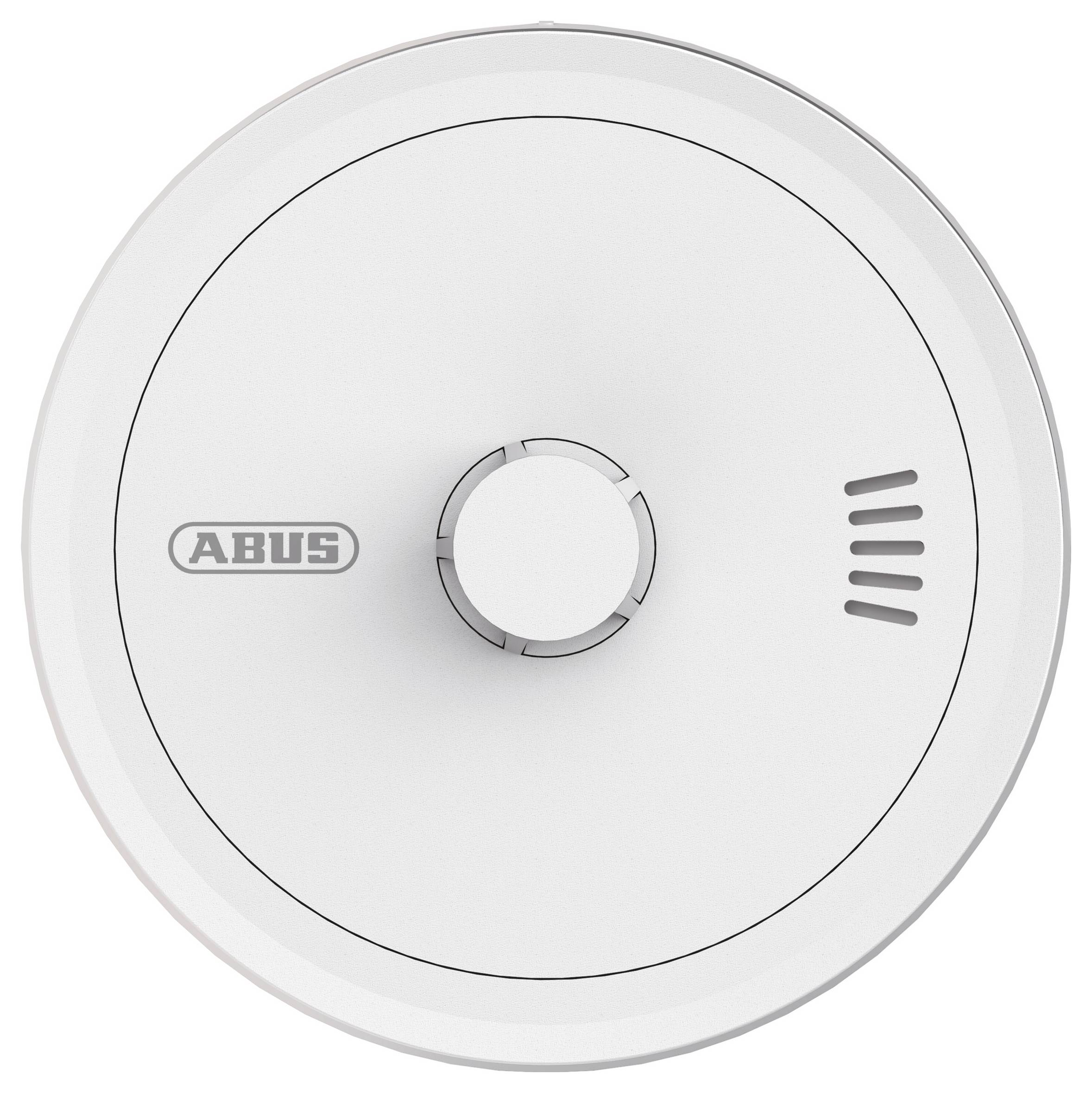 A round white smoke detector with the 'ABUS' logo on the left side and three small ventilation slits on the right side.